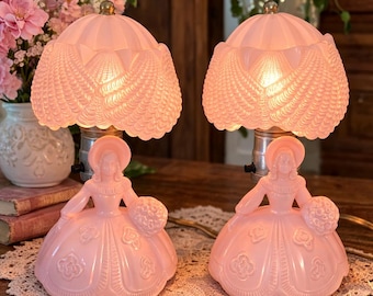 Vintage Pink Southern Belle Boudoir Lamps Pair, Crinoline Lady Glass Lamps, 1940s Bedroom Lighting, Romantic Cottage Decor