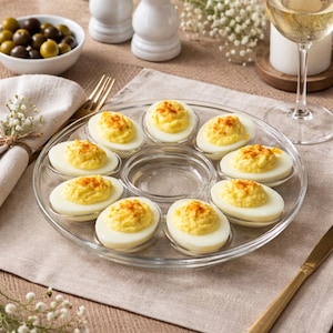 May include: A clear glass serving dish holds deviled eggs, each topped with a yellow filling and a sprinkle of paprika. A bowl of olives, a glass of white wine, and decorative elements complete the scene.