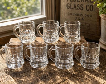 Vintage Federal Glass Mini Beer Mug Shot Glass Set of 7, Clear Pressed Glass Stein Cups, Barware Collectible Gift