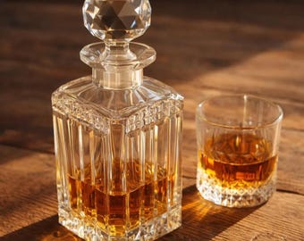 Vintage Crystal Decanter Square Cut Glass Bottle Faceted Stopper Barware Whiskey Bourbon Vanity Bottle Gift