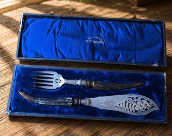 Antique Sheffield Fish Serving Set 1901, Stag Horn Handles, Sterling Silver Hallmarked, Cased Edwardian Carving Set Gift