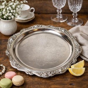 Vintage Silver Plated Serving Plate, Ornate Rose Rim Tray, Etched Floral Center, 11 Inch Decorative Tableware