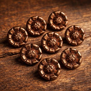May include: Eight antique bronze-colored buttons with a floral design are arranged on a wooden surface. Each button has a raised, detailed pattern with a central floral element and a circular outer edge. The buttons are evenly spaced.