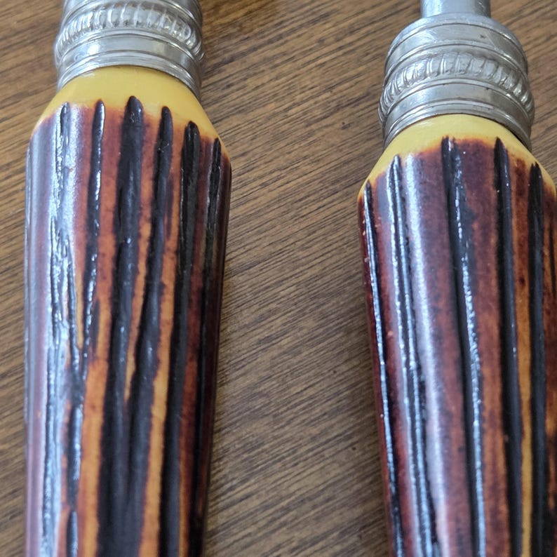 Vintage Sheffield Carving Set Knife and Sharpening Steel Stag Style Handles Crown Sheffield Stainless English Kitchen Decor image 2