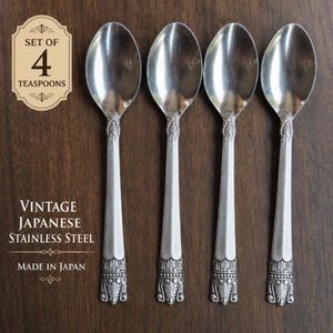 Vintage Japanese Stainless Steel Teaspoons Set of 4, Ornate Baroque Shell Pattern Flatware, Made in Japan Replacement Silverware