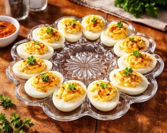 Vintage Deviled Egg Plate 10” Clear Glass Relish Tray Starburst Pattern Mid Century Serving Dish Holiday Entertaining
