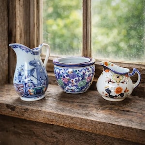 Może przedstawiać: Zestaw trzech ceramicznych naczyń, w tym wysoki niebiesko-biały dzbanek z motywem krajobrazu, okrągła miska z niebiesko-fioletowym wzorem kwiatowym oraz mały biały dzbanek na śmietankę ozdobiony kolorowymi pomarańczowymi i zielonymi motywami kwiatowymi.