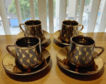 Vintage Gold Espresso Cups with Saucers Set of 4 | Geometric Demitasse Coffee Cups | Retro Coffee Bar Decor | Mid Century Style