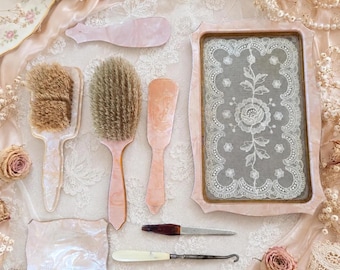 Vintage Avsco Art Deco Vanity Set Pink French Ivory Celluloid Boudoir Accessories 1930s Lace Tray Dressing Set