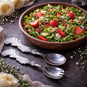 May include: A wooden bowl filled with a salad of green lettuce, sliced strawberries, avocado chunks, pecans, and white cheese crumbles, accompanied by two silver-toned metal serving spoons with ornate, shell-like embossed handles.