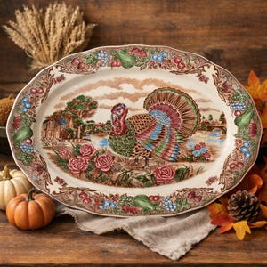 May include: An oval ceramic serving platter featuring a central illustration of a turkey standing in a landscape with a house, trees, and pink roses. The rim is decorated with a border of fruits, berries, and leaves in shades of green, red, and blue.