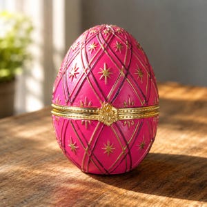 Könnte beinhalten: Ein leuchtend pinkfarbener, eiförmiger Zierbehälter mit einem erhabenen goldenen Gittermuster und Sternakzenten. Das Objekt verfügt über ein horizontales goldenes Metallscharnier und einen zentralen blumenförmigen Verschluss in der Mitte.