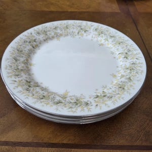 Puede incluir: Una pila de cuatro platos de cerámica blanca con un estampado floral. Los platos tienen un delicado diseño de flores amarillas y verdes con ribete plateado. Los platos están apilados sobre una superficie de madera.