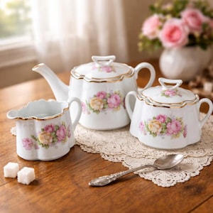Antique German Tea Set Bavaria ZS Co Pink Roses Teapot Sugar Creamer Gold Trim Cottage Chic 1920s Porcelain