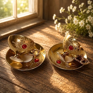 Puede incluir: Dos tazas de té doradas con sus platos a juego, con intrincados patrones florales en relieve y piedras preciosas circulares rojas incrustadas. Cada taza tiene una base de pedestal y un asa curva, con un diseño coordinado en los platos.
