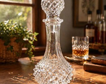 Vintage Glass Decanter with Stopper Diamond Point Barware Longchamp Style Mid Century Liquor Bottle Clear Pressed Glass
