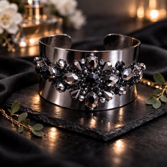 Black Rhinestone Statement Cuff Bracelet – Wide G… - image 1