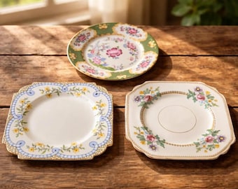 Curated Vintage English Tea Plates Set of 3, Mismatched Floral Bone China, Cottagecore Dessert Plates, Bridal Shower Tea Party Gift