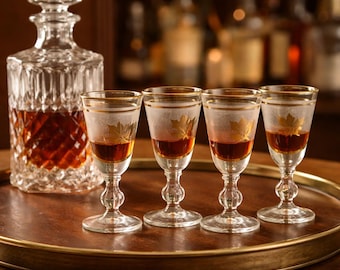 Vintage Gold Leaf Cordial Glasses Set of 4 – Mid Century Frosted Aperitif Stemware – Retro Liqueur Glasses – Autumn Leaf Barware