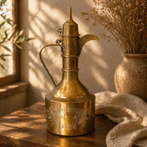 Op de afbeelding: Een vintage messing koffiepot met een lange tuit, handvat en decoratieve bloemetsing. De pot heeft een lange, slanke hals en een afgeronde basis. Het wordt weergegeven op een houten oppervlak, met een vaas met gedroogde bloemen op de achtergrond.