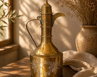 Vintage Brass Dallah Coffee Pot, Middle Eastern Style, Large 13” Engraved Decorative Ewer