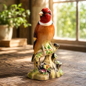 May include: A ceramic figurine of a goldfinch with a bright red face, white neck band, and brown wings with yellow accents. The bird is perched on a textured tree branch base decorated with small green leaves, red berries, and two small flowers.