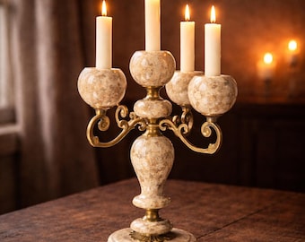 Vintage Marble Candelabra Brass 5 Arm Candle Holder Hollywood Regency Table Centerpiece Wedding Decor Gift