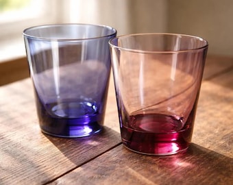 Vintage Colored Glass Tumblers Set of 2 Blue Amethyst Drinking Glasses Small Juice Whiskey Mid Century Barware Gift