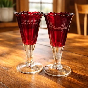 Puede incluir: Dos copas de recuerdo de color rojo rubí con bordes festoneados y bases transparentes. Una copa dice "SOUVENIR OF LUCAN, CANADA" y la otra "Brantford" en cursiva. Las copas están sobre una mesa de madera.