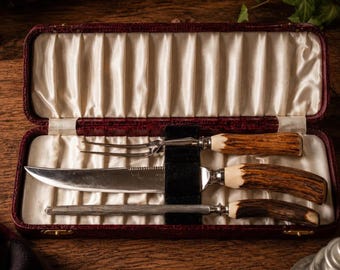Juego de trinchar vintage John Watts & Sons Sheffield con asas de asta de ciervo (3 piezas) y estuche inglés original.