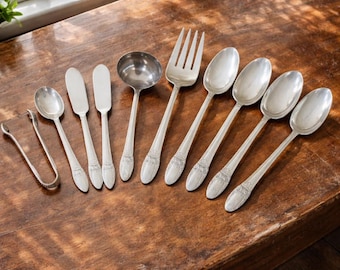 Vintage Silverplate Serving Set First Love 1847 Rogers Bros Ladle Spoon Fork Tongs Knives Floral Flatware Wedding Table