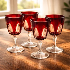 Vintage Ruby Red Wine Glasses Set of 4, Faceted Stem Goblets, Mid Century Style Glassware, Elegant Red Stemware
