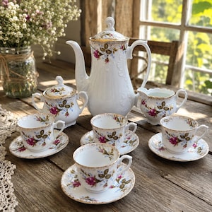 Pode incluir: Um conjunto de chá em porcelana branca composto por um bule alto com tampa, um açucareiro, uma leiteira e três chávenas com pires a condizer. Cada peça é decorada com um padrão de rosas cor-de-rosa, folhas verdes e detalhes em dourado.