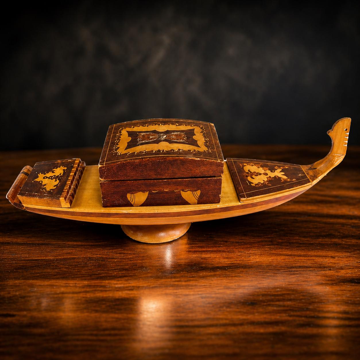 Vintage Italian Musical Gondola Jewelry Box Capri Italy Inlaid