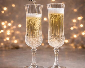 Vintage Crystal Champagne Flutes Pair, Clear Cut Toasting Glasses, Wedding Toast Glasses, Elegant Stemware Gift, 8 Inch Flutes