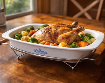 Vintage Corning Ware Roaster with Rack & Cradle, Blue Cornflower Baking Dish, Made in Canada, Large 3.5L Oven Serveware