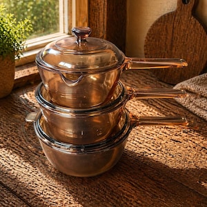 Vintage Visions amberkleurige glazen kookgerei 3 potten 1L 1,5L 2,5L Pyrex deksels Corning USA keuken kookset