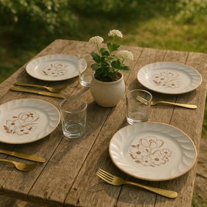 Platos llanos vintage con motivos florales pintados a mano – Cerámica Seto Seiwa de gres japonesa – Platos de cerámica marrón y blanca de mediados de siglo – Vajilla Cottagecore