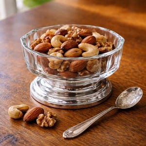 May include: A glass bowl, filled with almonds, cashews, and walnuts, sits on a silver pedestal. A silver spoon rests on the wooden surface next to the bowl, with a few nuts scattered nearby. The bowl is clear.