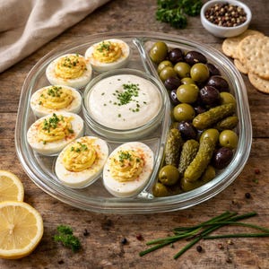 Puede incluir: Una fuente de vidrio transparente con huevos rellenos, aceitunas, pepinillos y un cuenco con salsa cremosa. Los huevos rellenos tienen un relleno amarillo y están adornados con hierbas y pimentón. También se incluyen aceitunas verdes y negras y pepinillos pequeños.
