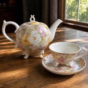 May include: A porcelain teapot and matching teacup with saucer, featuring a soft floral pattern of pink, yellow, and white roses. The teapot has a lid with a decorative finial, a curved handle, and three small feet. The teacup also rests on three feet.