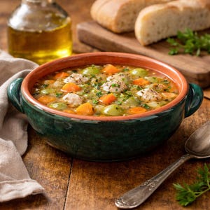Puede incluir: Primer plano de un cuenco de sopa con albóndigas, zanahorias y verduras verdes. La sopa está en un cuenco de cerámica verde y marrón con asas. Rebanadas de pan están en una tabla de madera, y una botella de aceite de oliva está en el fondo.