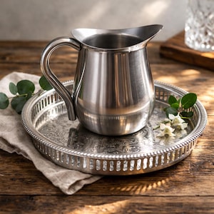 May include: A polished stainless steel pitcher with a curved handle and a wide pouring spout, resting on a round silver-toned metal tray featuring an intricate embossed floral pattern and a decorative openwork gallery rim.