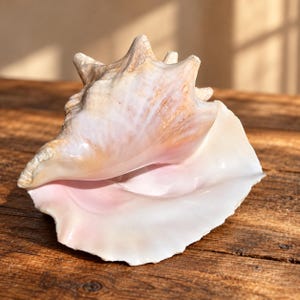 May include: A large conch shell featuring a spiraled, textured exterior with shades of tan and cream. The wide, flared opening reveals a smooth, glossy interior surface with soft, pale pink and white coloration and a distinct, curved lip.