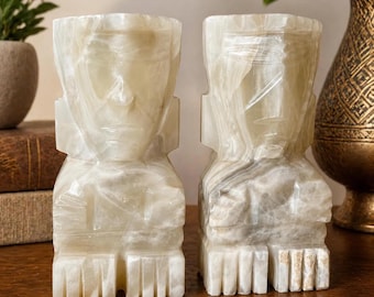 Suportes de livros vintage mexicanos em ônix com figuras astecas e maias, esculturas tribais pesadas de 18 cm, estilo boho, para decoração de prateleira de escritório ou presente.