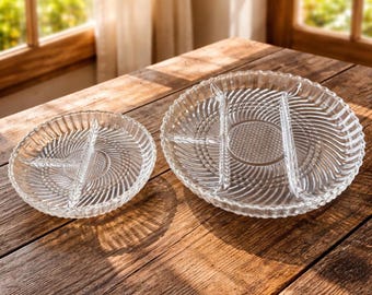 Vintage Divided Glass Serving Dishes Set of 2 Large Small Snack Tray Relish Dish Candy Nut Server Pressed Glass