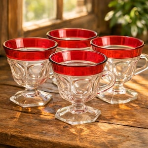 Vintage Kings Crown Ruby Flash Footed Cups Set of 4, Thumbprint Glass Dessert Cups, Red Rim Pedestal Glasses