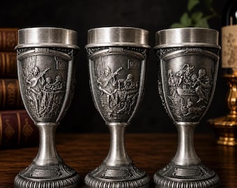 Vintage Pewter Goblets Set of 3 Zinn Becker Dutch Masters Rembrandt Jan Steen Barware Rustic Wine Chalices Gift Idea