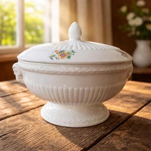 Puede incluir: Un cuenco de cerámica blanca con tapa, con un diseño floral y una base de pedestal. El cuenco tiene una superficie texturizada con líneas verticales y un borde en forma de cuerda. La tapa tiene un adorno decorativo.