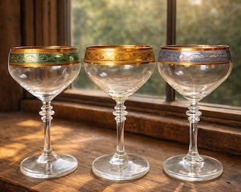 Vintage Coupé Glas Set med 3 Omaka Art Deco Cocktailglas med Guldkantad Skimrande Boho Stil Barglas Bröllopsbröllopsglas